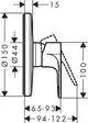 Technische Zeichnung eines Unterputz-Brausemischers von Hansgrohe mit Maßangaben und Konstruktionsdetails. Zeigt die seitliche Ansicht und relevante Dimensionen.